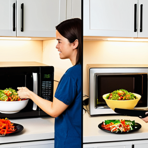 Home 23 **
A split-screen image. On one side, a person looking tired and unhealthy reaches for a brightly colored microwave dinner in a cluttered kitchen. On the other side, the same person, now glowing with health, happily prepares a vibrant stir-fry with fresh vegetables in a bright, organized kitchen. Illustrate the contrast between the negative effects of instant meals and the positive impact of whole foods.
**