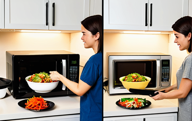 **
A split-screen image. On one side, a person looking tired and unhealthy reaches for a brightly colored microwave dinner in a cluttered kitchen. On the other side, the same person, now glowing with health, happily prepares a vibrant stir-fry with fresh vegetables in a bright, organized kitchen. Illustrate the contrast between the negative effects of instant meals and the positive impact of whole foods.
**