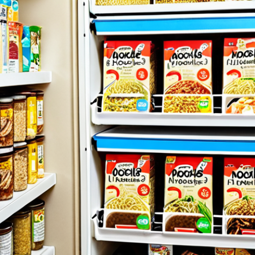Home 22 **
A well-organized pantry shelf with various packs of instant noodles stored vertically using shelf dividers. The noodles are categorized by flavor and expiration dates are clearly labeled. A whiteboard on the pantry door displays a list of expiration dates for easy tracking.
**