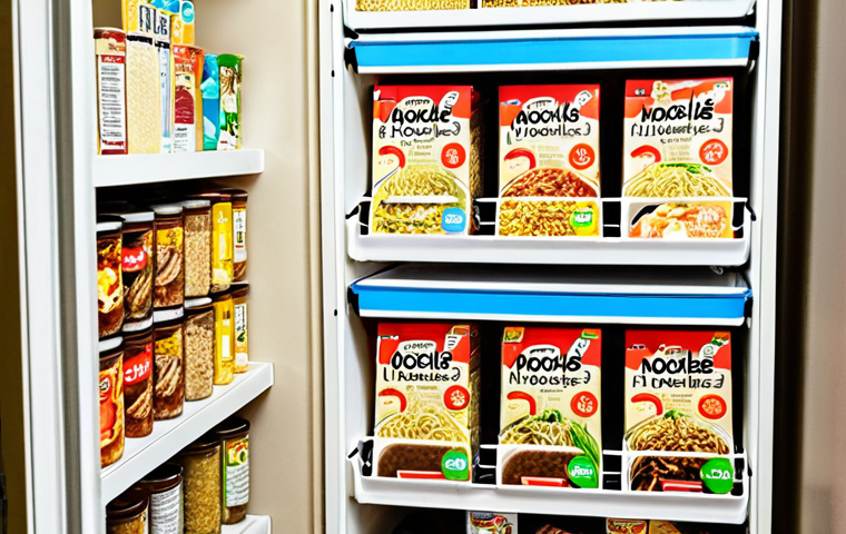 **
A well-organized pantry shelf with various packs of instant noodles stored vertically using shelf dividers. The noodles are categorized by flavor and expiration dates are clearly labeled. A whiteboard on the pantry door displays a list of expiration dates for easy tracking.
**
