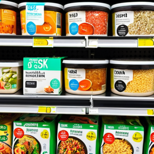 Home 21 **
A vibrant, eye-level shot of a supermarket shelf stocked with instant meals. Focus on the variety – some with visible vegetables, others with eco-friendly packaging (recyclable symbols prominent), and some highlighting "low sodium" or "high protein" labels. The overall impression is that of a modern, health-conscious, and sustainable selection of instant food. Light is bright and inviting.
**