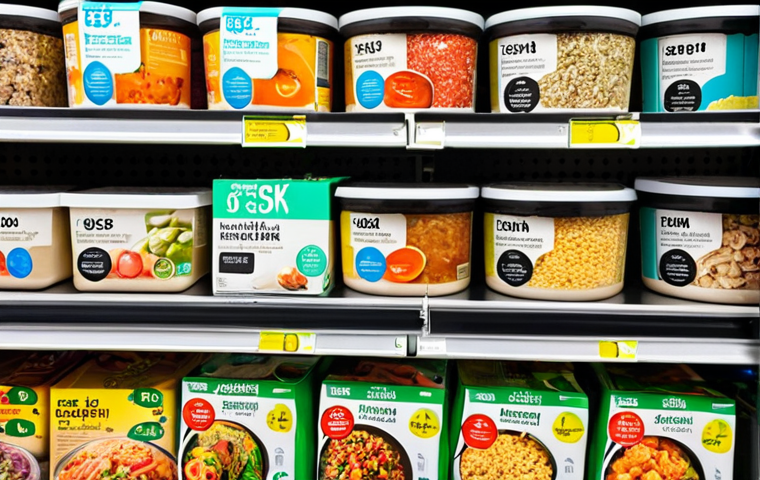 **
A vibrant, eye-level shot of a supermarket shelf stocked with instant meals. Focus on the variety – some with visible vegetables, others with eco-friendly packaging (recyclable symbols prominent), and some highlighting "low sodium" or "high protein" labels. The overall impression is that of a modern, health-conscious, and sustainable selection of instant food. Light is bright and inviting.
**
