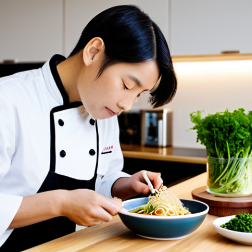 Home 9 A professional chef, fully clothed in a clean chef's jacket, meticulously garnishing a gourmet instant meal. The meal, a beautifully presented, steaming bowl of artisanal ramen with vibrant vegetables and plant-based protein, is on a sleek wooden counter in a brightly lit, modern kitchen. Elegant, premium-looking instant meal packaging is subtly visible in the background. The scene conveys culinary artistry and unexpected quality. Natural pose, perfect anatomy, well-formed hands, correct proportions, safe for work, appropriate content, modest clothing, family-friendly, high-resolution, professional photography.