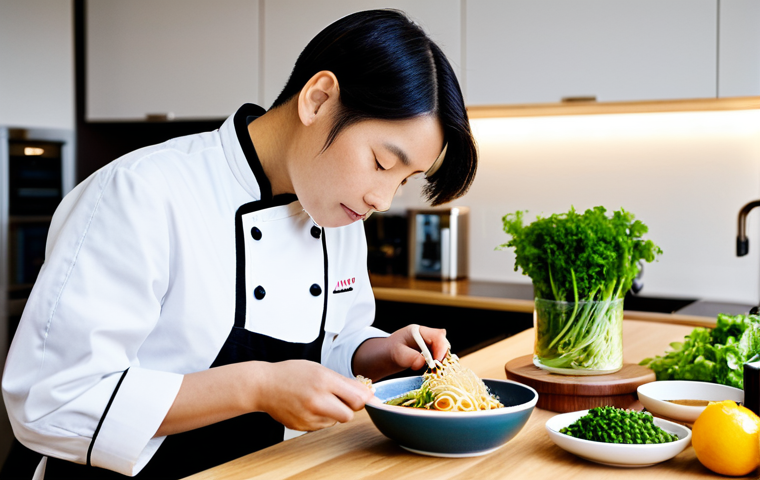 A professional chef, fully clothed in a clean chef's jacket, meticulously garnishing a gourmet instant meal. The meal, a beautifully presented, steaming bowl of artisanal ramen with vibrant vegetables and plant-based protein, is on a sleek wooden counter in a brightly lit, modern kitchen. Elegant, premium-looking instant meal packaging is subtly visible in the background. The scene conveys culinary artistry and unexpected quality. Natural pose, perfect anatomy, well-formed hands, correct proportions, safe for work, appropriate content, modest clothing, family-friendly, high-resolution, professional photography.