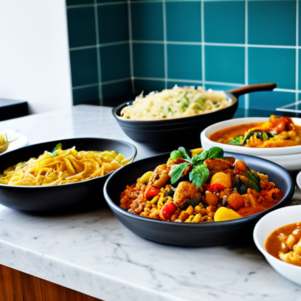 Culinary Exploration**

"A diverse selection of professionally prepared, fully clothed, ready-to-eat meals arranged on a kitchen countertop. Includes pasta, a Moroccan tagine, and a Thai curry. Focus on vibrant colors and fresh ingredients. Modern, bright kitchen background. Safe for work, appropriate content, fully clothed, perfect anatomy, correct proportions, natural pose, professional photography, high quality, modest presentation."

**