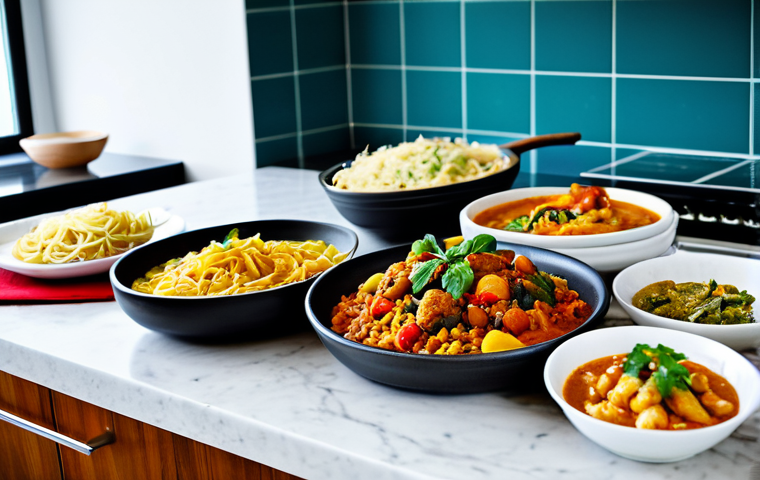 Culinary Exploration**

"A diverse selection of professionally prepared, fully clothed, ready-to-eat meals arranged on a kitchen countertop. Includes pasta, a Moroccan tagine, and a Thai curry. Focus on vibrant colors and fresh ingredients. Modern, bright kitchen background. Safe for work, appropriate content, fully clothed, perfect anatomy, correct proportions, natural pose, professional photography, high quality, modest presentation."

**