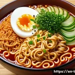 인스턴트 라면의 종류별 차이점 - A close-up, hyper-realistic image of a steaming bowl of instant noodles with thick, curly wheat nood...
