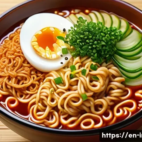 인스턴트 라면의 종류별 차이점 - A close-up, hyper-realistic image of a steaming bowl of instant noodles with thick, curly wheat nood...