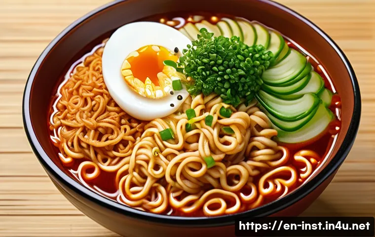 인스턴트 라면의 종류별 차이점 - A close-up, hyper-realistic image of a steaming bowl of instant noodles with thick, curly wheat nood...