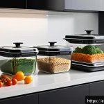 가장 인기 있는 인스턴트 식품 - A modern kitchen countertop scene featuring a variety of ready-to-heat gourmet meals in sleek, micro...