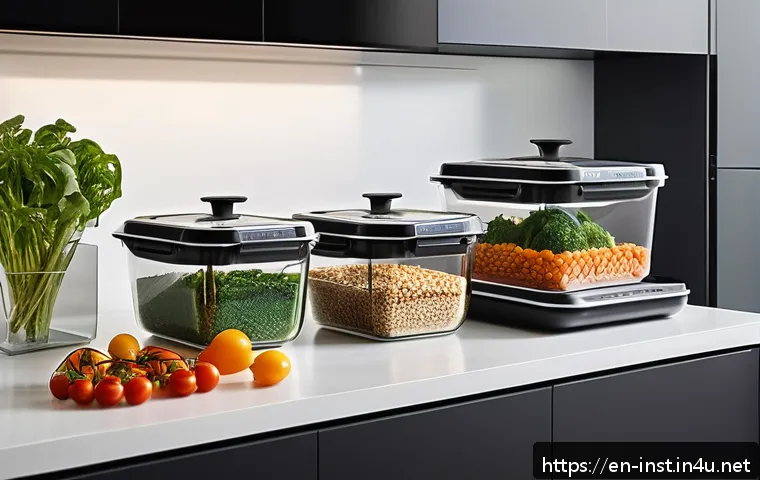 가장 인기 있는 인스턴트 식품 - A modern kitchen countertop scene featuring a variety of ready-to-heat gourmet meals in sleek, micro...