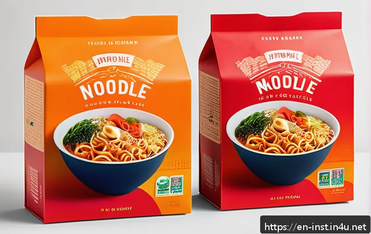 인스턴트 식품 패키지 디자인 - A vibrant instant noodle package design featuring a fiery red and orange gradient background that ev...