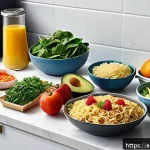 인스턴트 간편식의 건강에 미치는 영향 - A detailed, realistic kitchen countertop scene featuring a variety of instant convenience meals such...