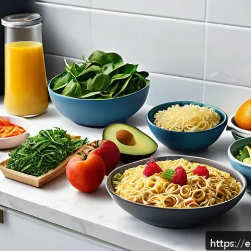 인스턴트 간편식의 건강에 미치는 영향 - A detailed, realistic kitchen countertop scene featuring a variety of instant convenience meals such...