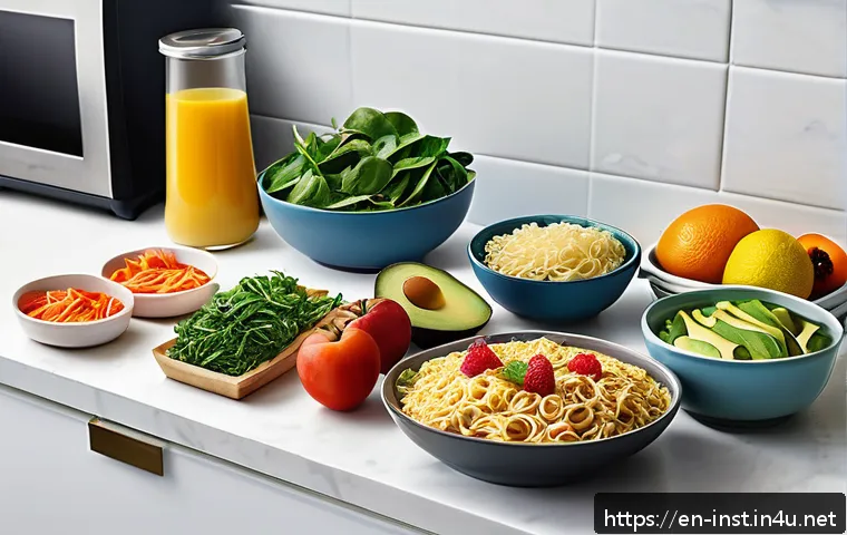 인스턴트 간편식의 건강에 미치는 영향 - A detailed, realistic kitchen countertop scene featuring a variety of instant convenience meals such...